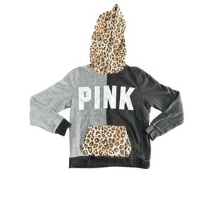 Victorias Secret PINK Hoodie Colorblock Leopard Print Grey Black Pullover Medium